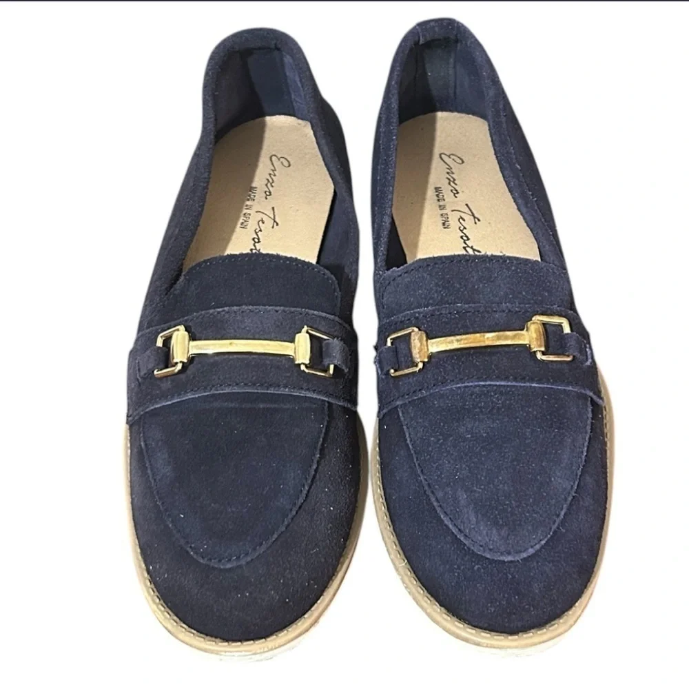 Enzo Tesoti Leather Suede Low Heel Loafer Sz 8.5 US (39 EU) Navy w/ Gold Accent